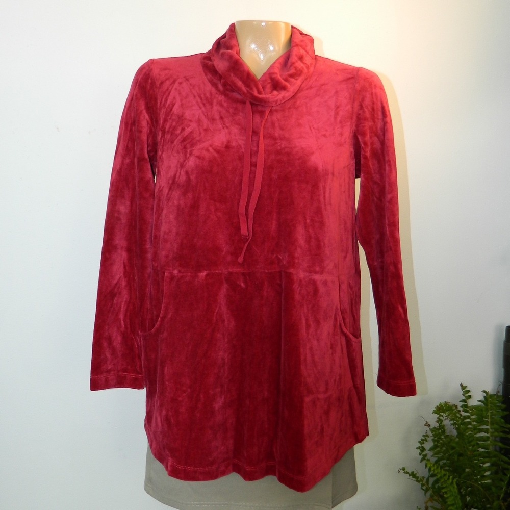 Pure Jill Tunic Top Women Small Petite Red Velour Cowl Neck Pockets Pima Cotton